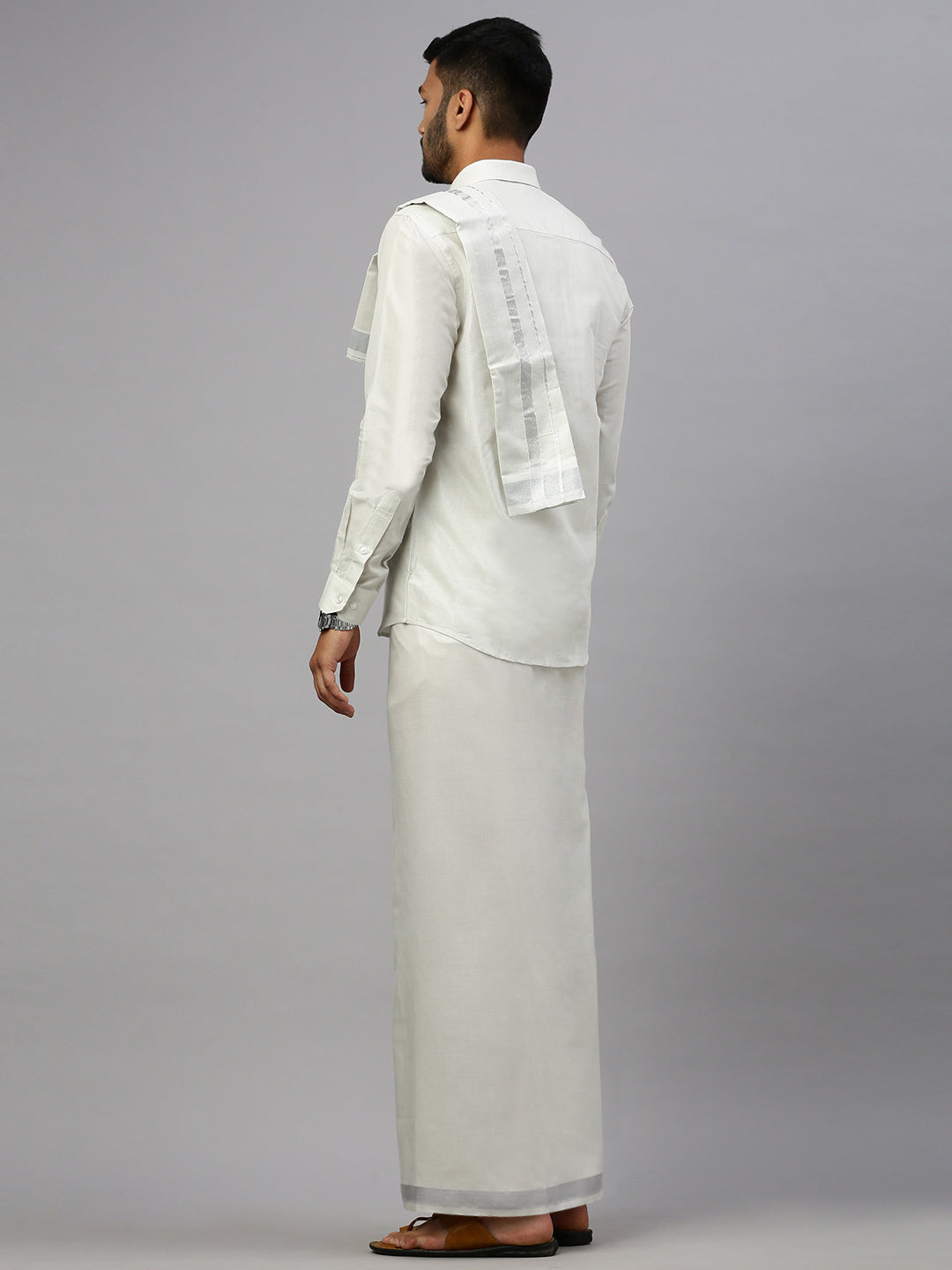 Men Tissue Silver Full Sleeve Shirt Jari Dhoti & Towel Set