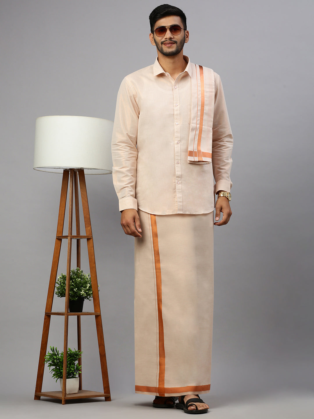 Men Tissue Copper Full Sleeve Shirt Jari Dhoti & Towel Set