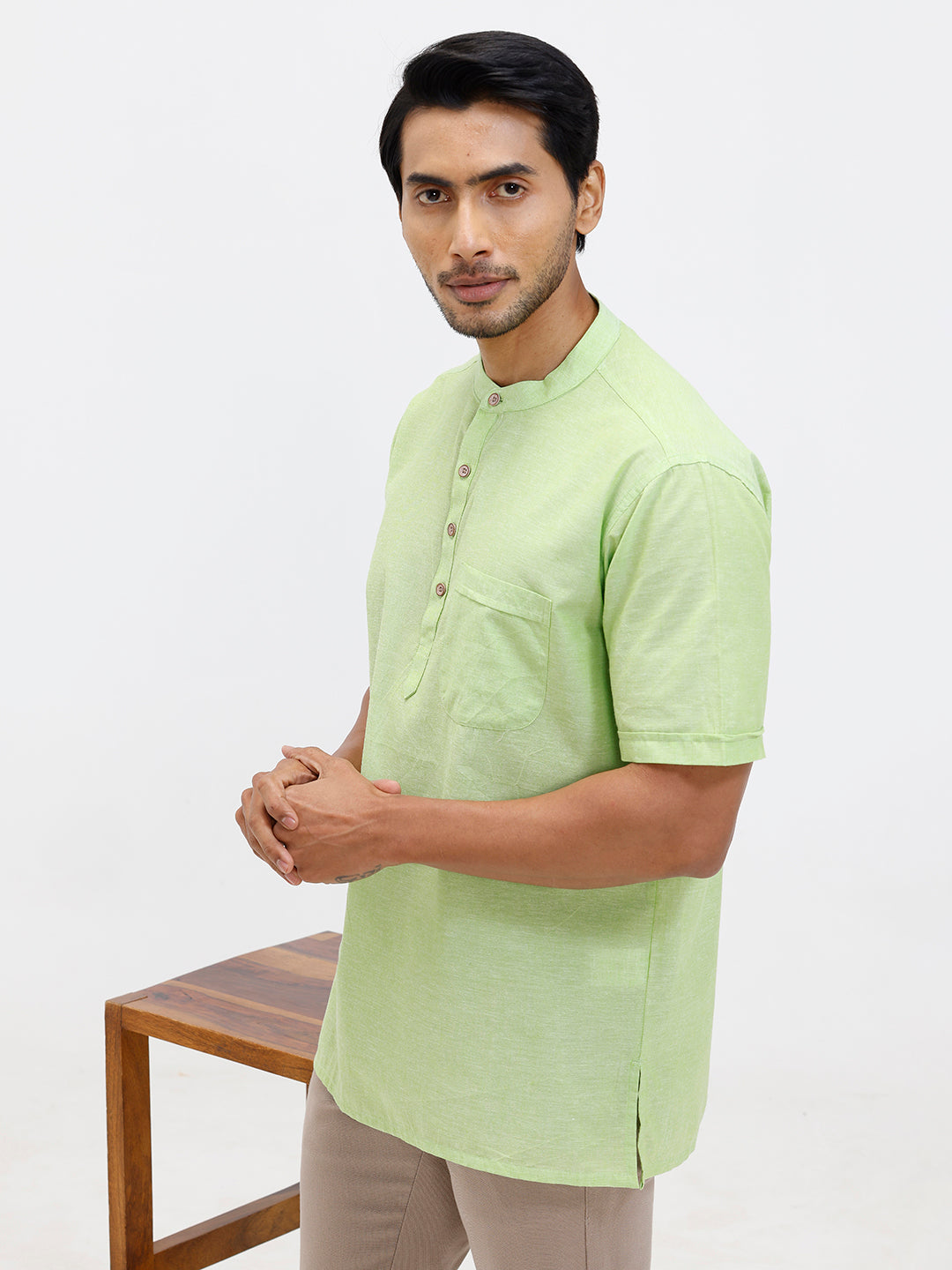 Men Cotton Short Length Plain Pocket Kurta Pale Green PC27