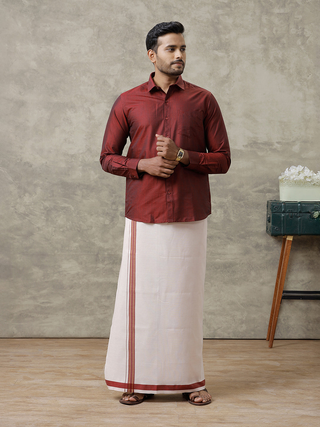 Men Cotton Blend Maroon Shirt and Tissue Dhoti Set VB7