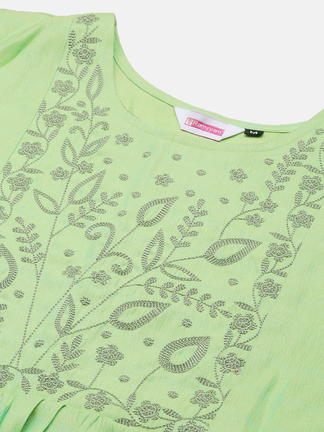 Women Cotton Embroidered Round Neck Kurti Parrot Green EKS12