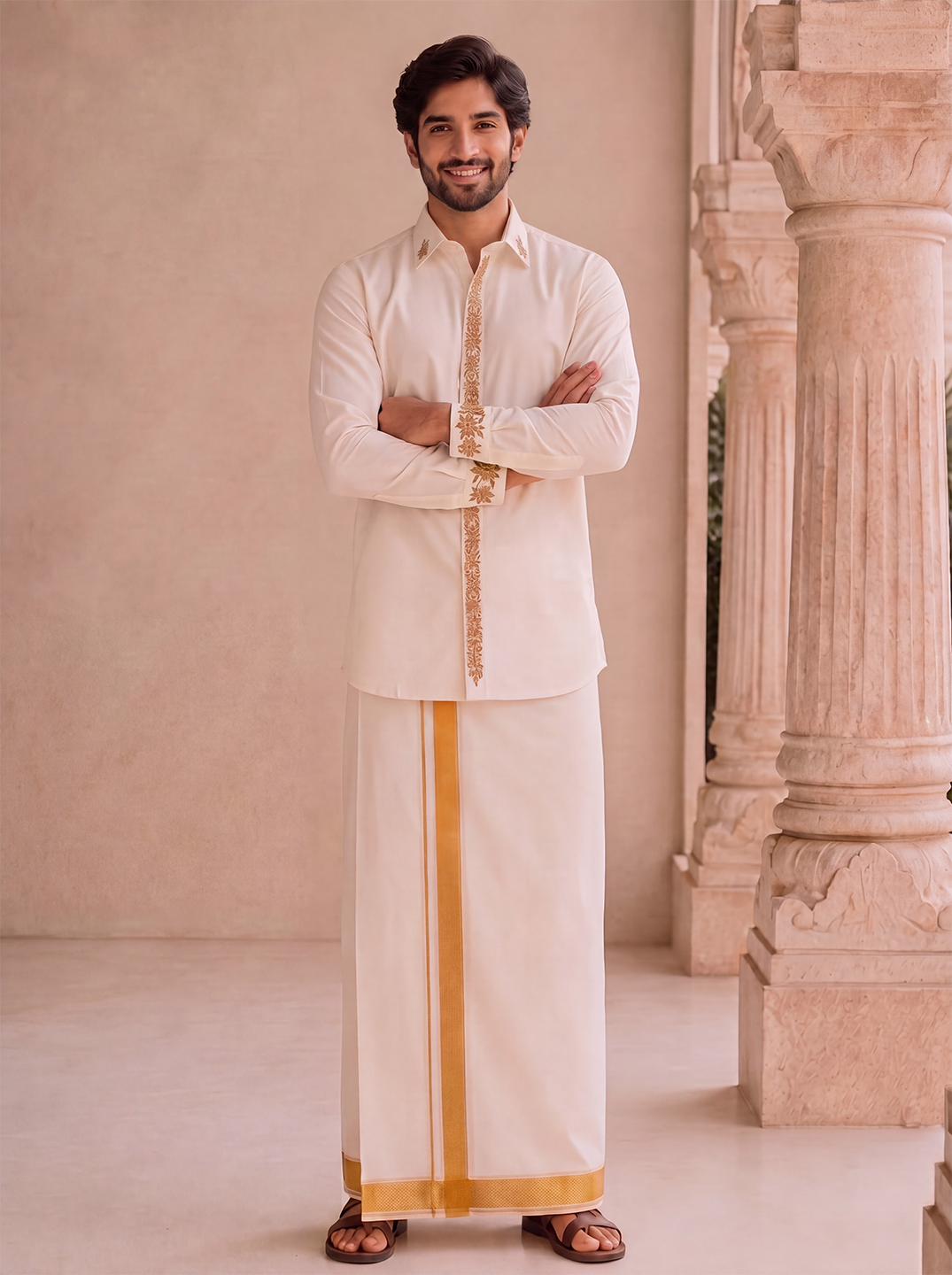 Premium Pure Tussar Silk Butterfly Hand Embroidered Customized Shirt & Dhoti Set with Zari Dozi Work on Collar & Cuffs | Vyoma Vaibhavam