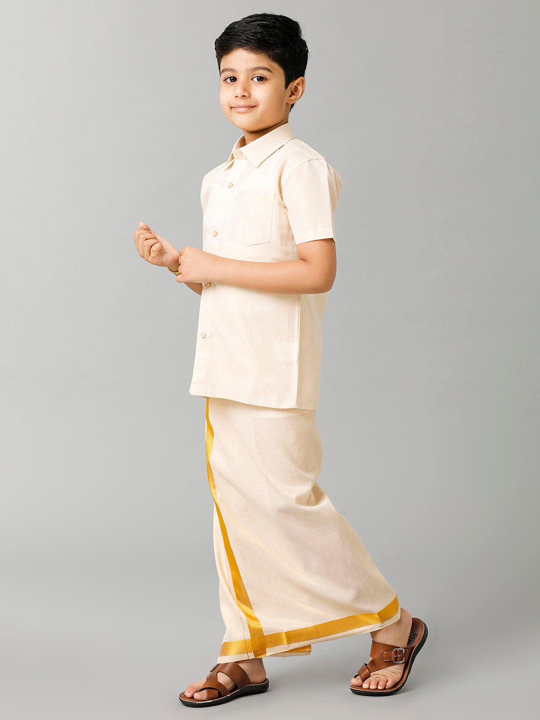 Boys Tissue Jari Half Sleeve Shirt Dhoti Set Sankalpam Gold-Side alternative view