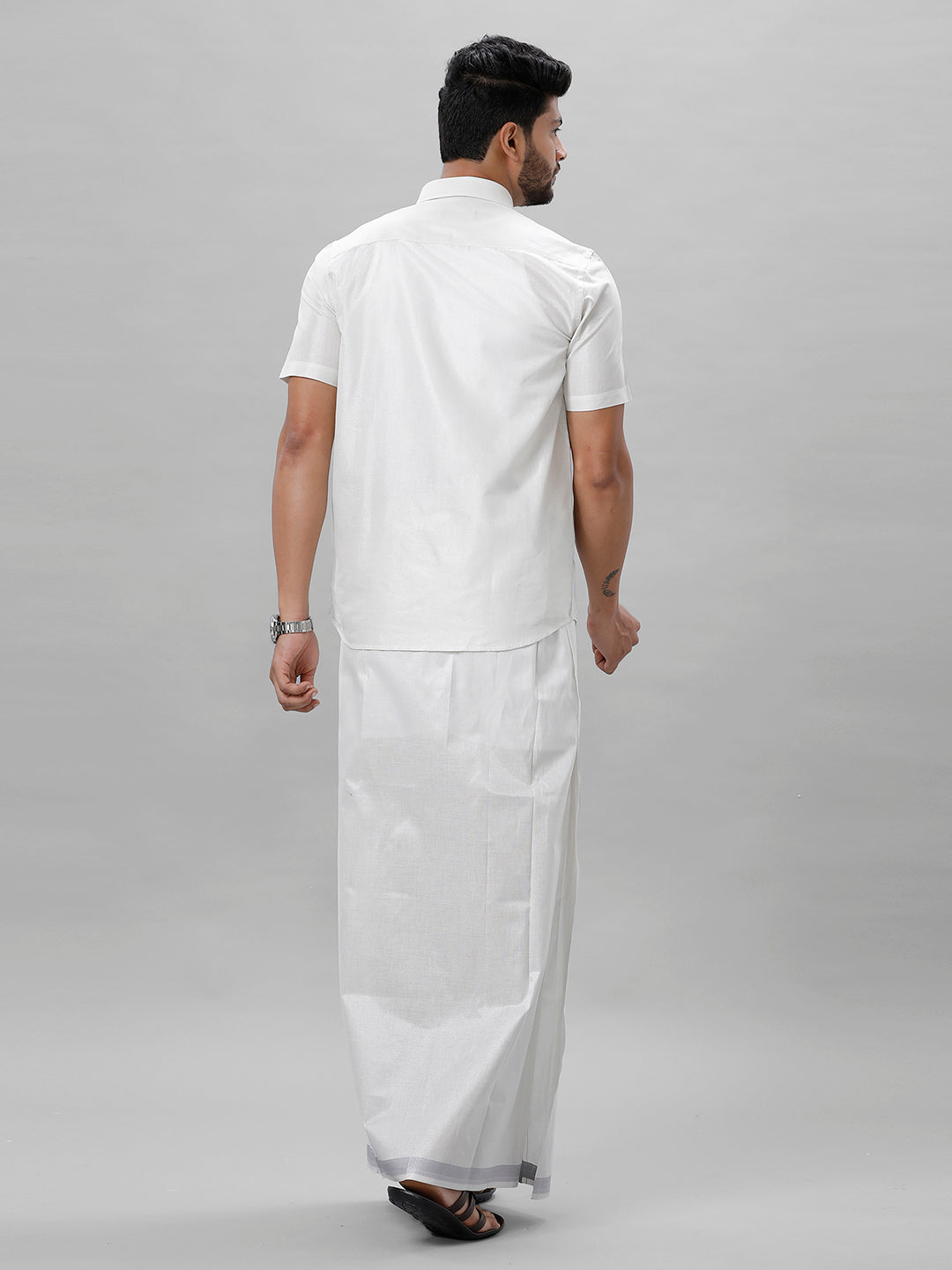Tissue Silver Jari Shirt Dhoti Set with Saree Couple Combo OCC02-Back alternative view