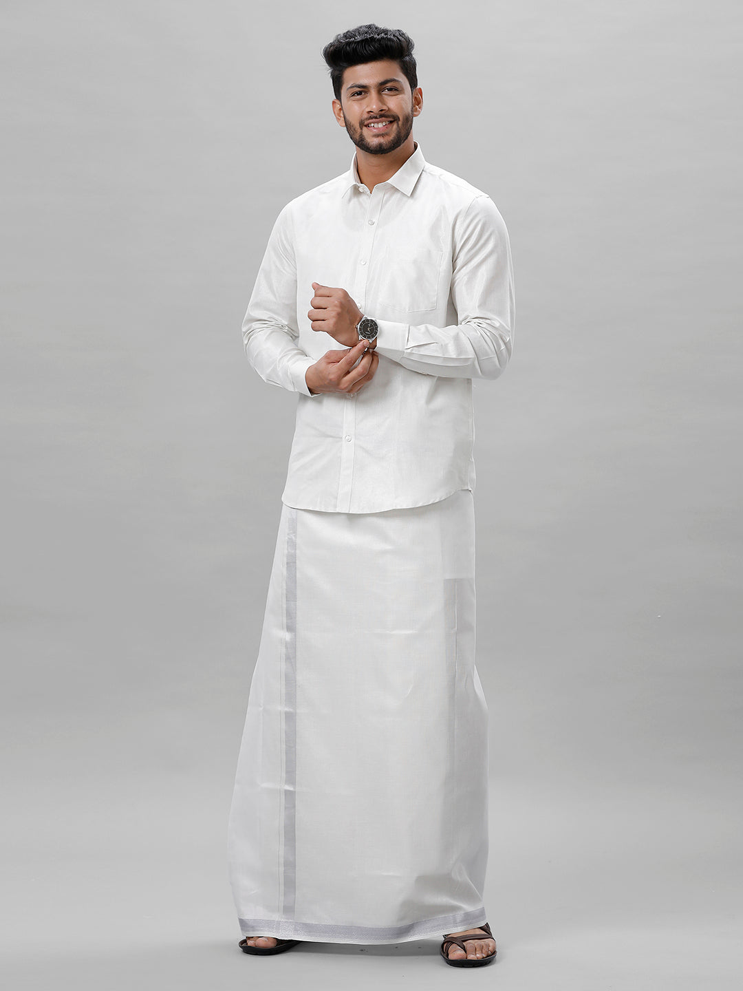 Tissue Silver Jari Shirt Dhoti Set with Saree Couple Combo OCC04-Full view