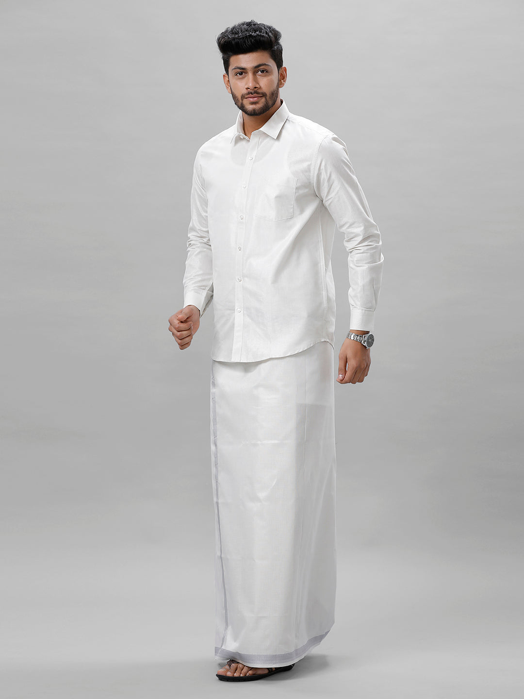 Matching Tissue Jari Dhoti Shirt &  Tissue Jari Saree Couple Combo Silver-side view