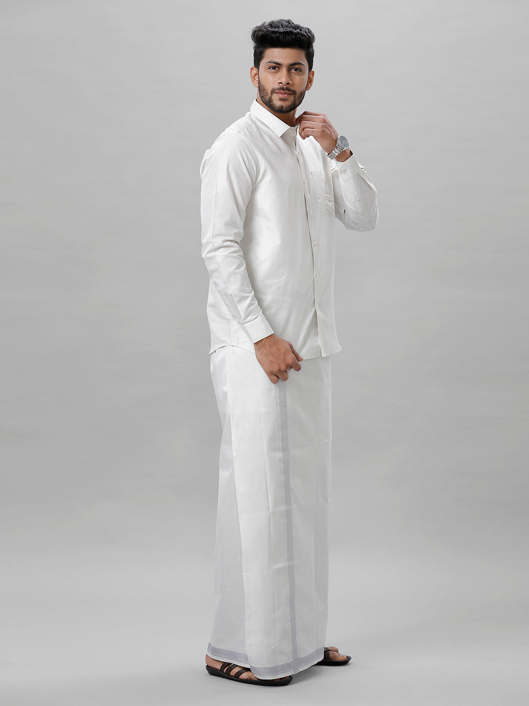 Tissue Silver Jari Shirt Dhoti Set with Saree Couple Combo OCC02-Side alternative view