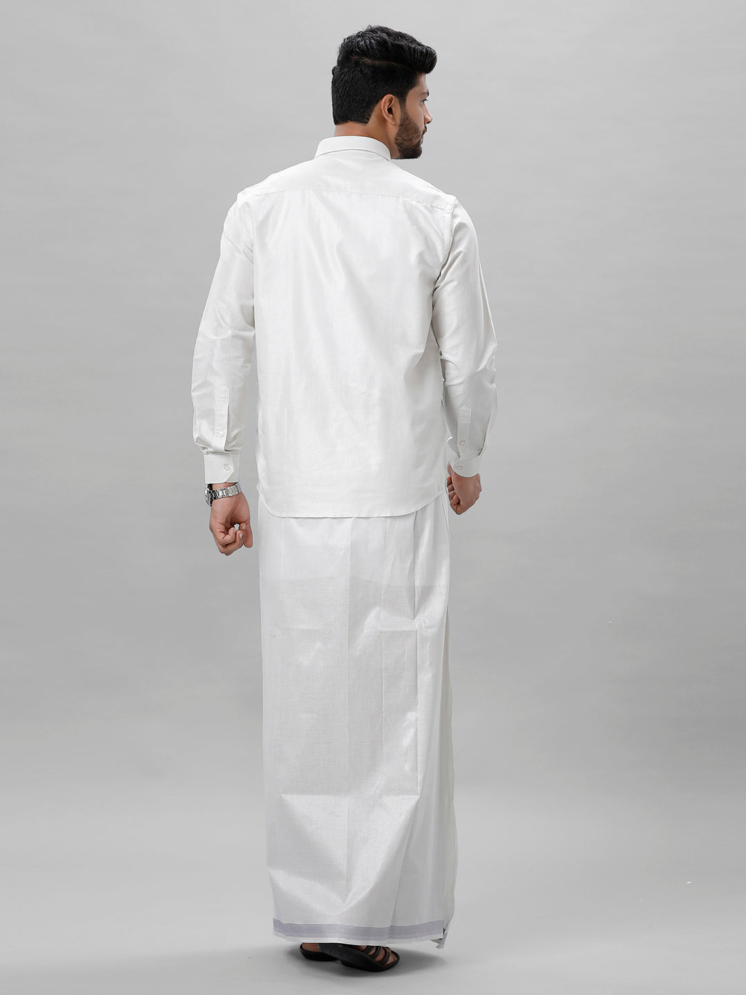 Tissue Silver Jari Shirt Dhoti Set with Saree Couple Combo OCC04-Back alternative view
