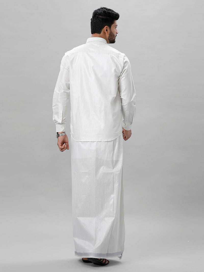 Tissue Silver Jari Shirt Dhoti Set with Saree Couple Combo OCC02