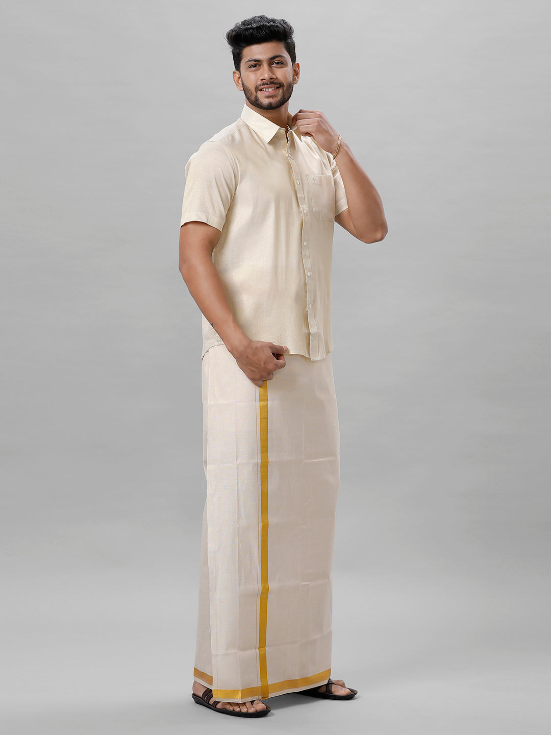Matching Tissue Jari Dhoti Shirt &  Tissue Jari Saree Couple Combo Gold-Front view