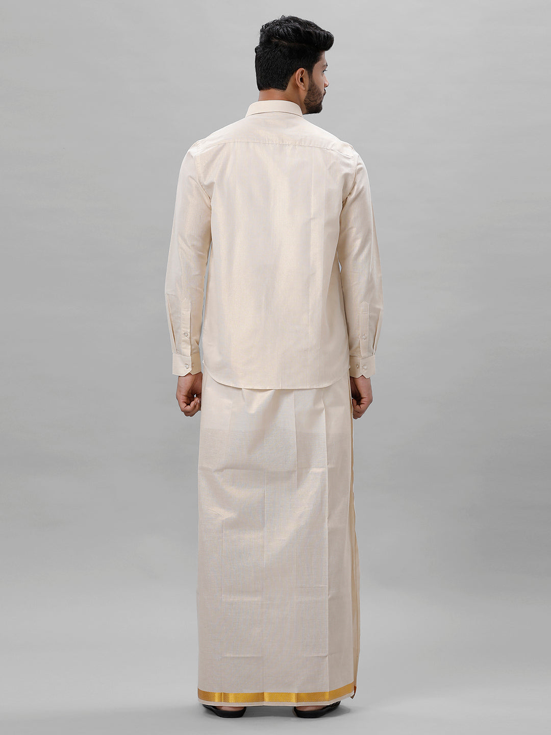 Matching Tissue Jari Dhoti Shirt &  Tissue Jari Saree Couple Combo Gold-Back view