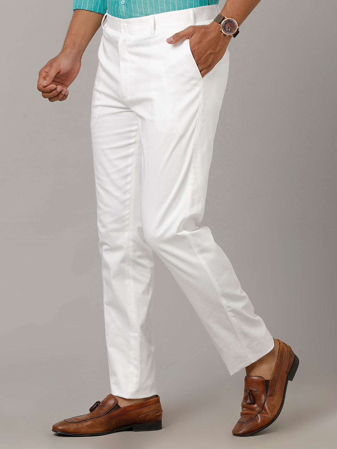 Mens Trim Fit Cotton White Pants Smart Stretch-Side view