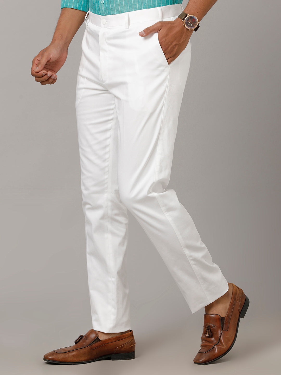 Mens Trim Fit Cotton White Pants Smart Stretch Side View mens-trim-fit-cotton-white-pants-smart-stretch-side-view