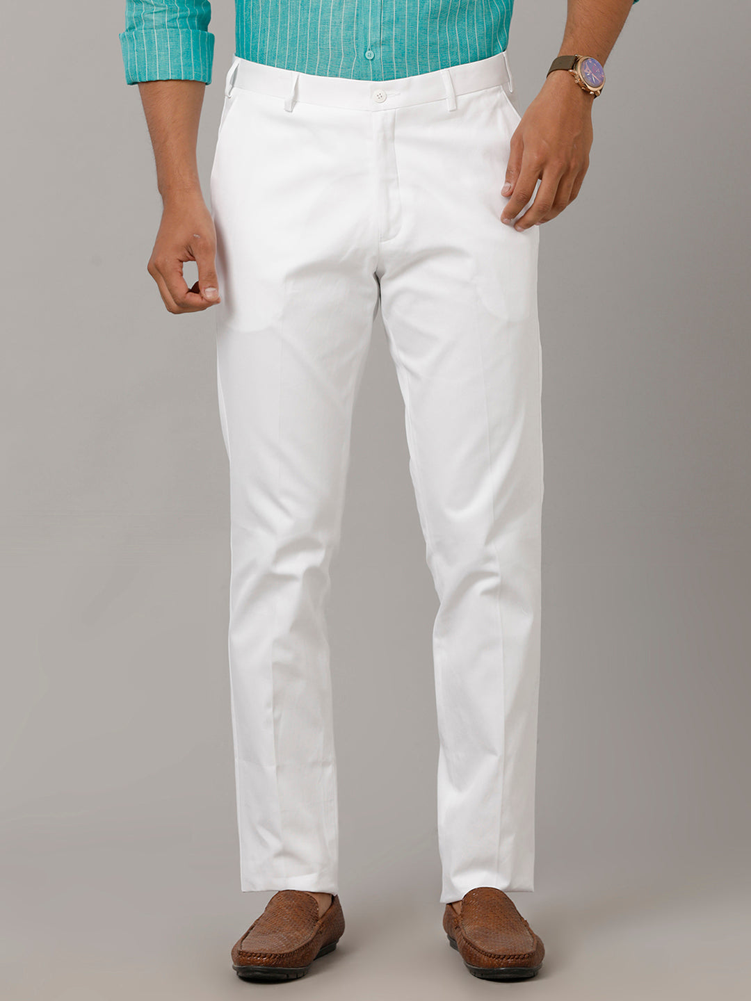 Mens Regular Fit Cotton White Pants Easy Care