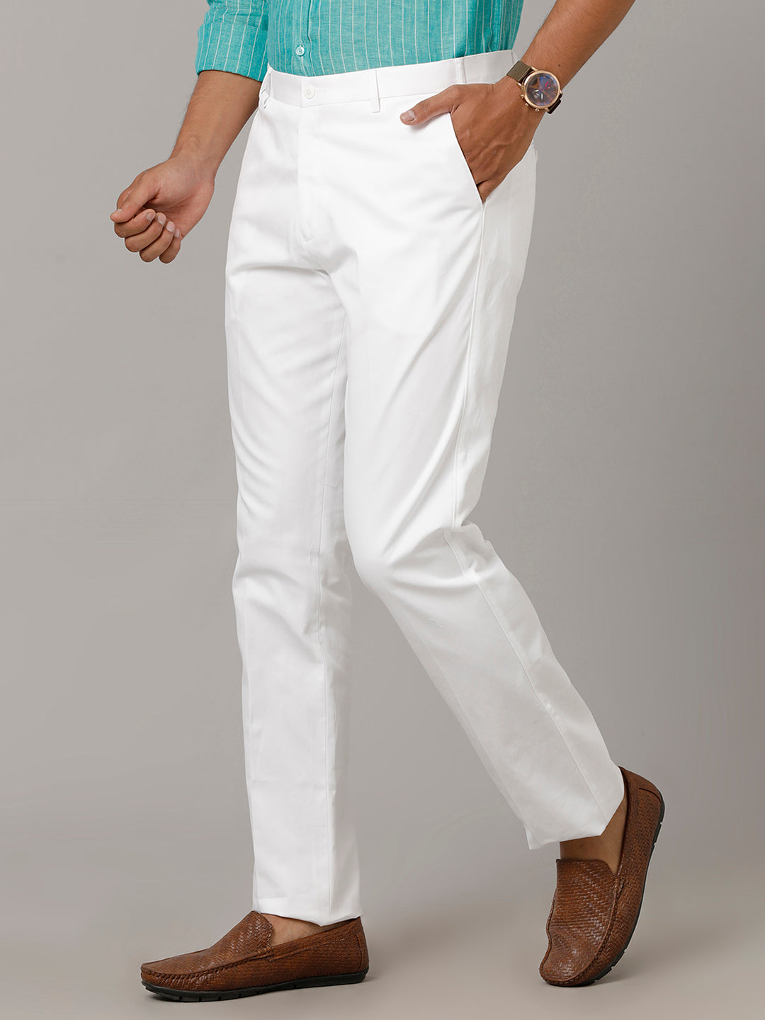 Mens Regular Fit Cotton White Pants Easy Care-Side view