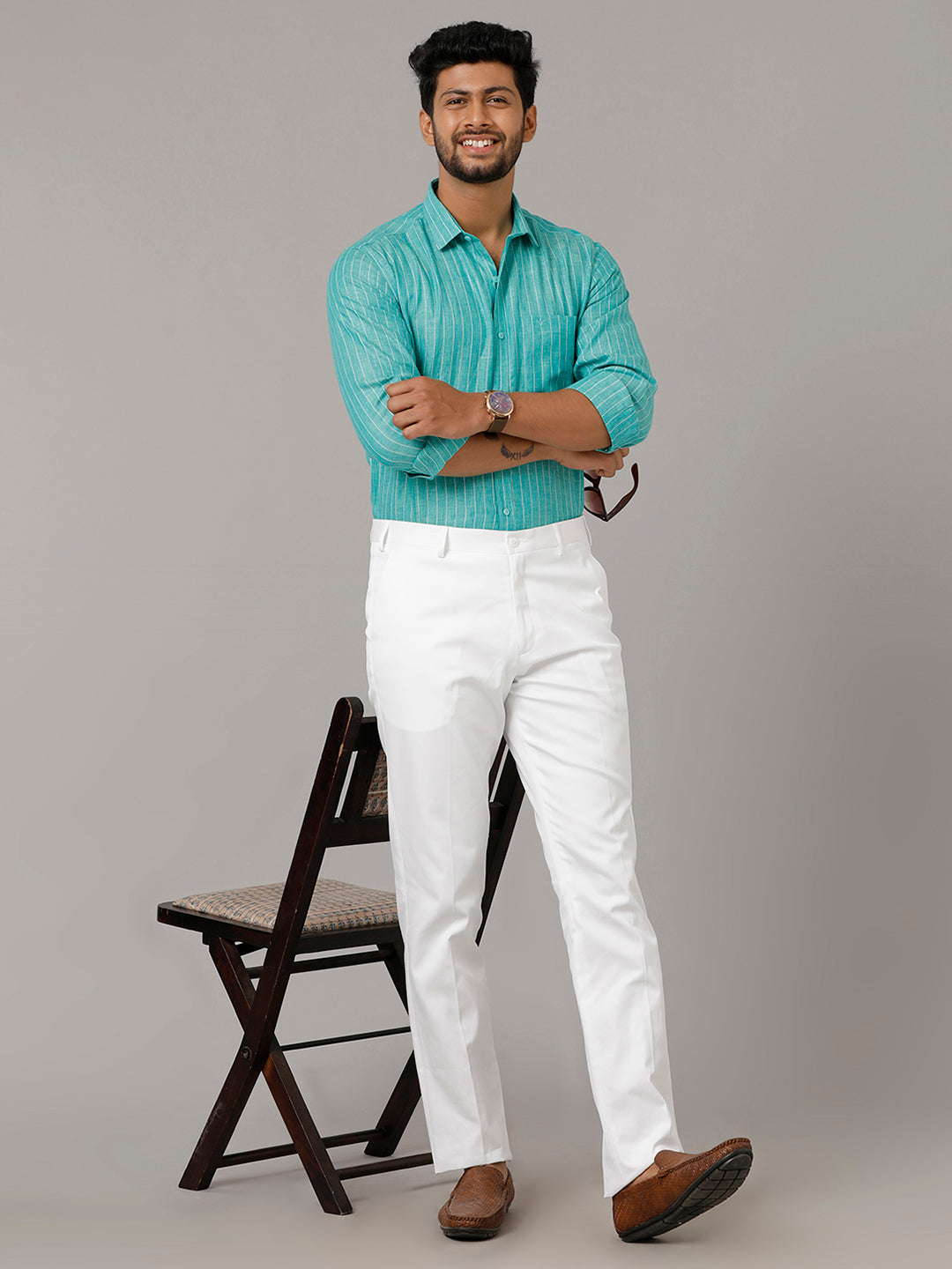 Mens Regular Fit Cotton White Pants Easy Care-Full view