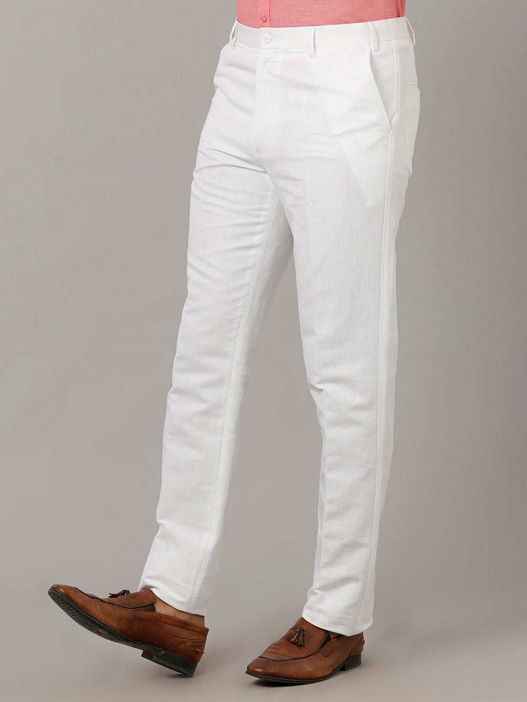 Mens Linen Cotton Trim Fit White Pants