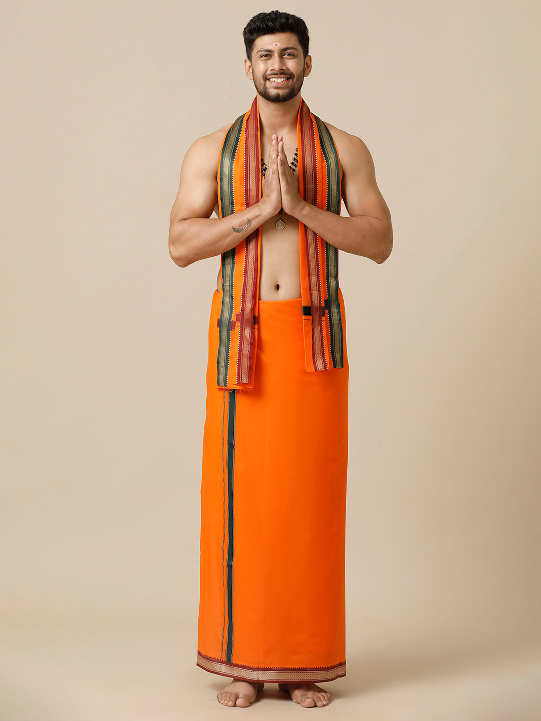 Mens Color Dhoti with Fancy Border Brindhavan Orange