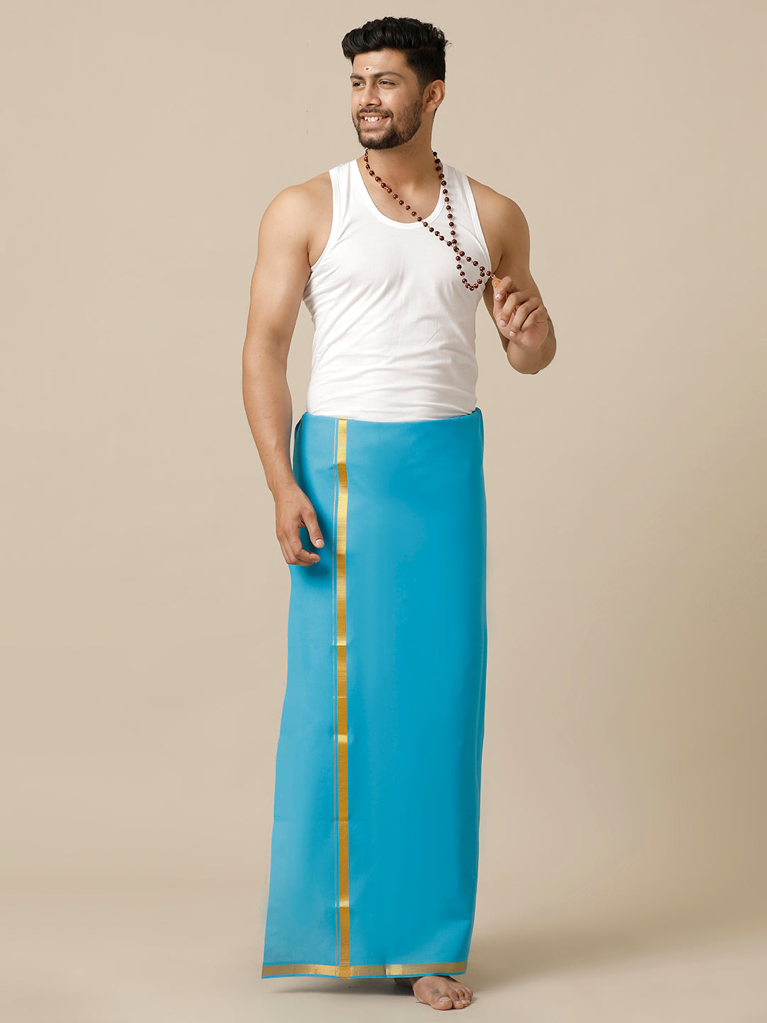 Men Gold Jari Border Single Layer Blue Dhoti Cosmic 8 (HAW)