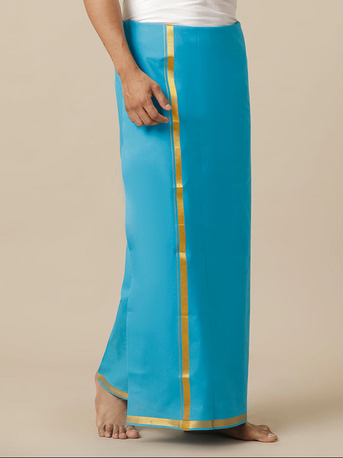 Men Gold Jari Border Single Layer Blue Dhoti Cosmic 8 (HAW)