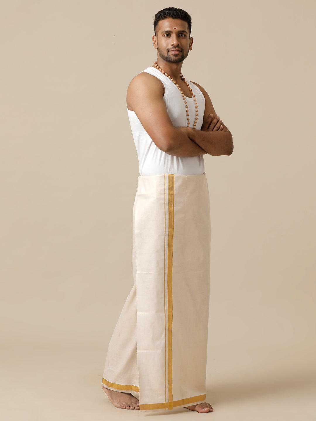 Mens Single Dhoti with Gold Jari 3/4" Tissu Grand