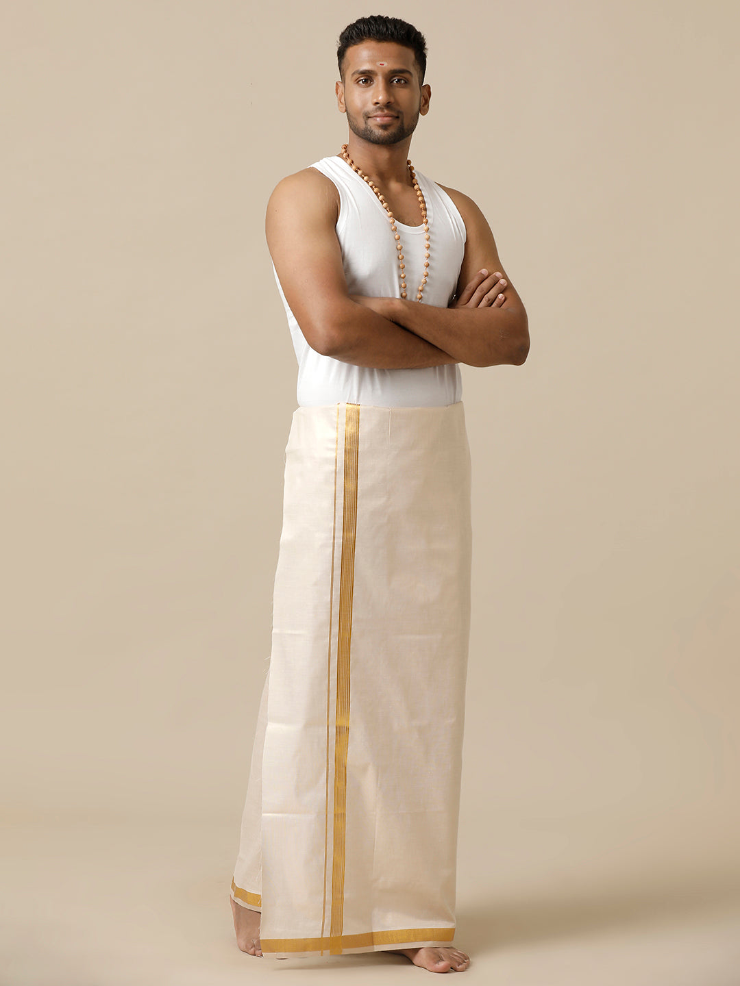 Mens Single Dhoti with Gold Jari 3/4" Smart Hero Gold