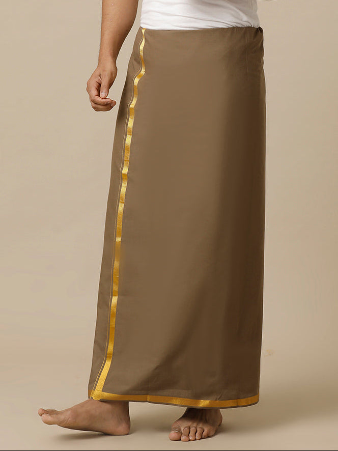Men Cotton Blend Single Layer Brown Dhoti with Gold Jari Border Cosmic 12