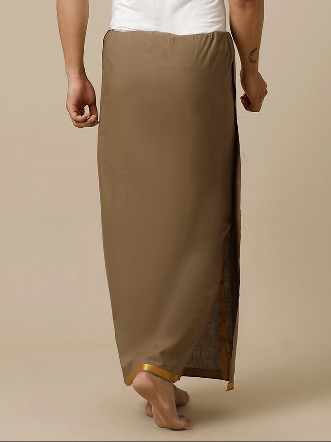 Men Cotton Blend Single Layer Brown Dhoti with Gold Jari Border Cosmic 12