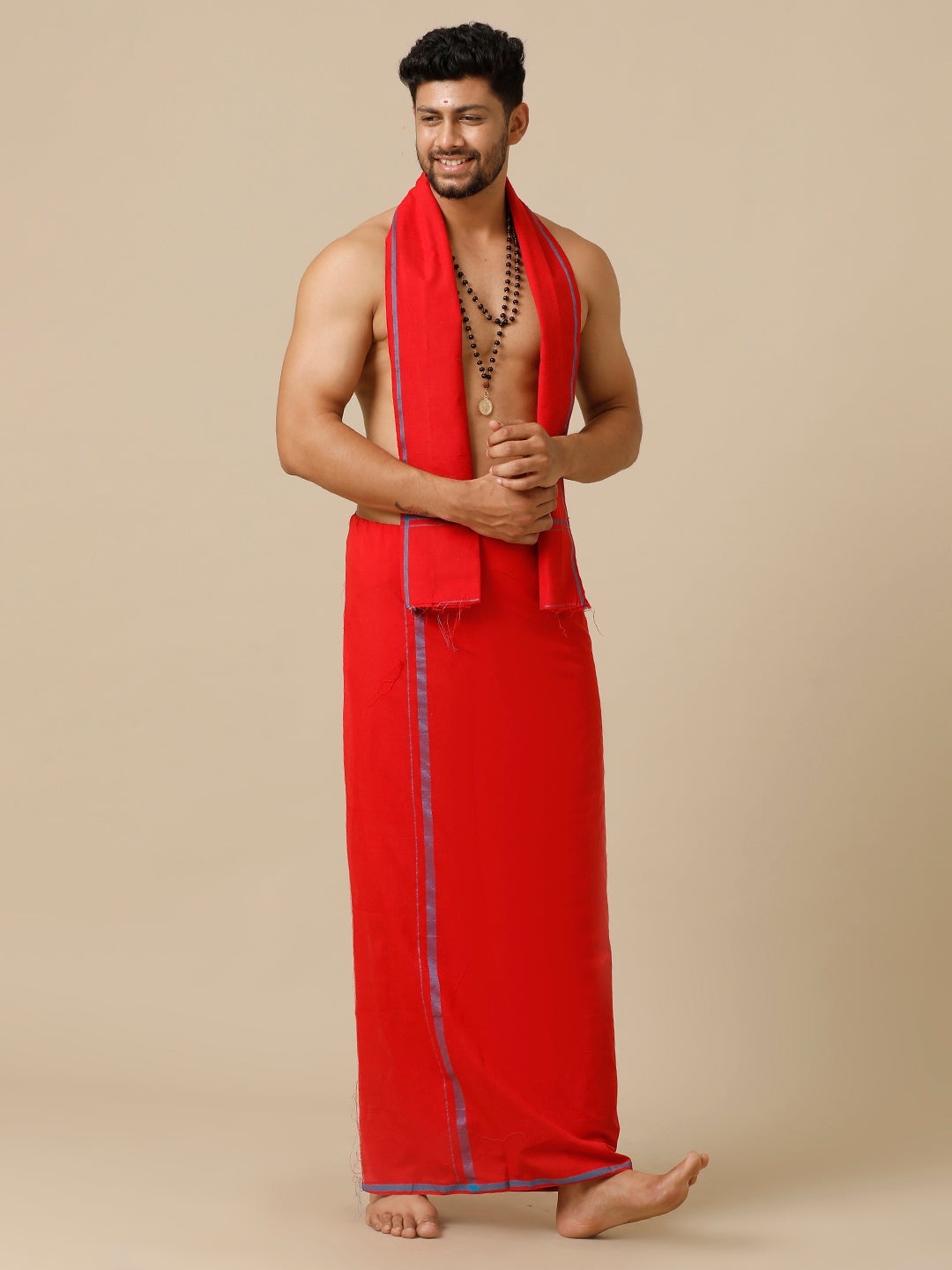 Mens Devotional Dhoti & Towel Combo Makara Jyoti Red
