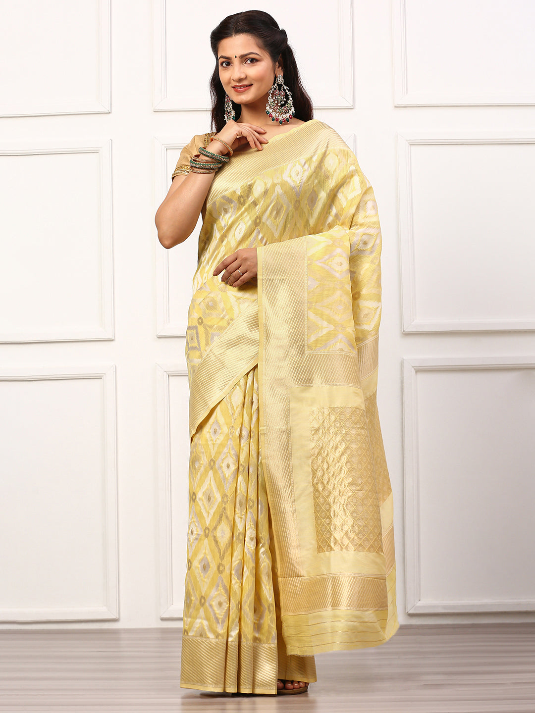 Women Semi Linen Weaving Saree Yellow SL138