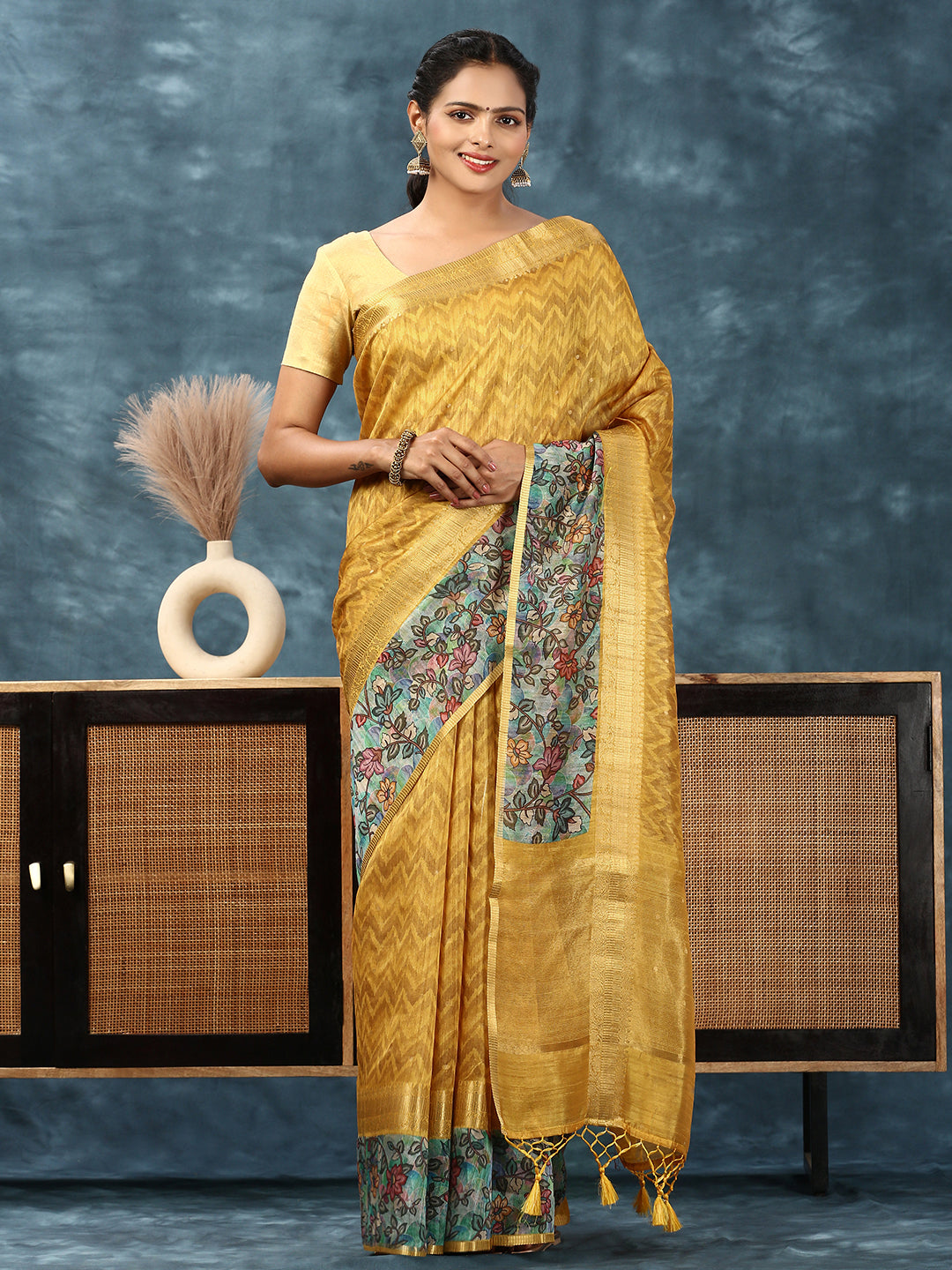 Women Semi Tussar Printed Saree Yellow ST165