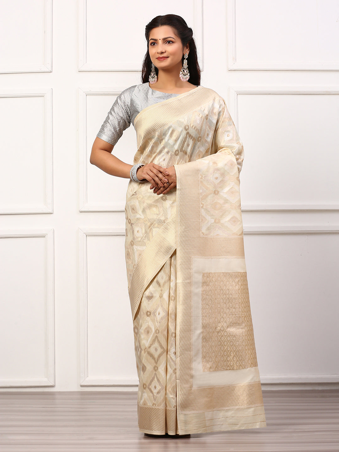 Women Semi Linen Weaving Saree White SL131