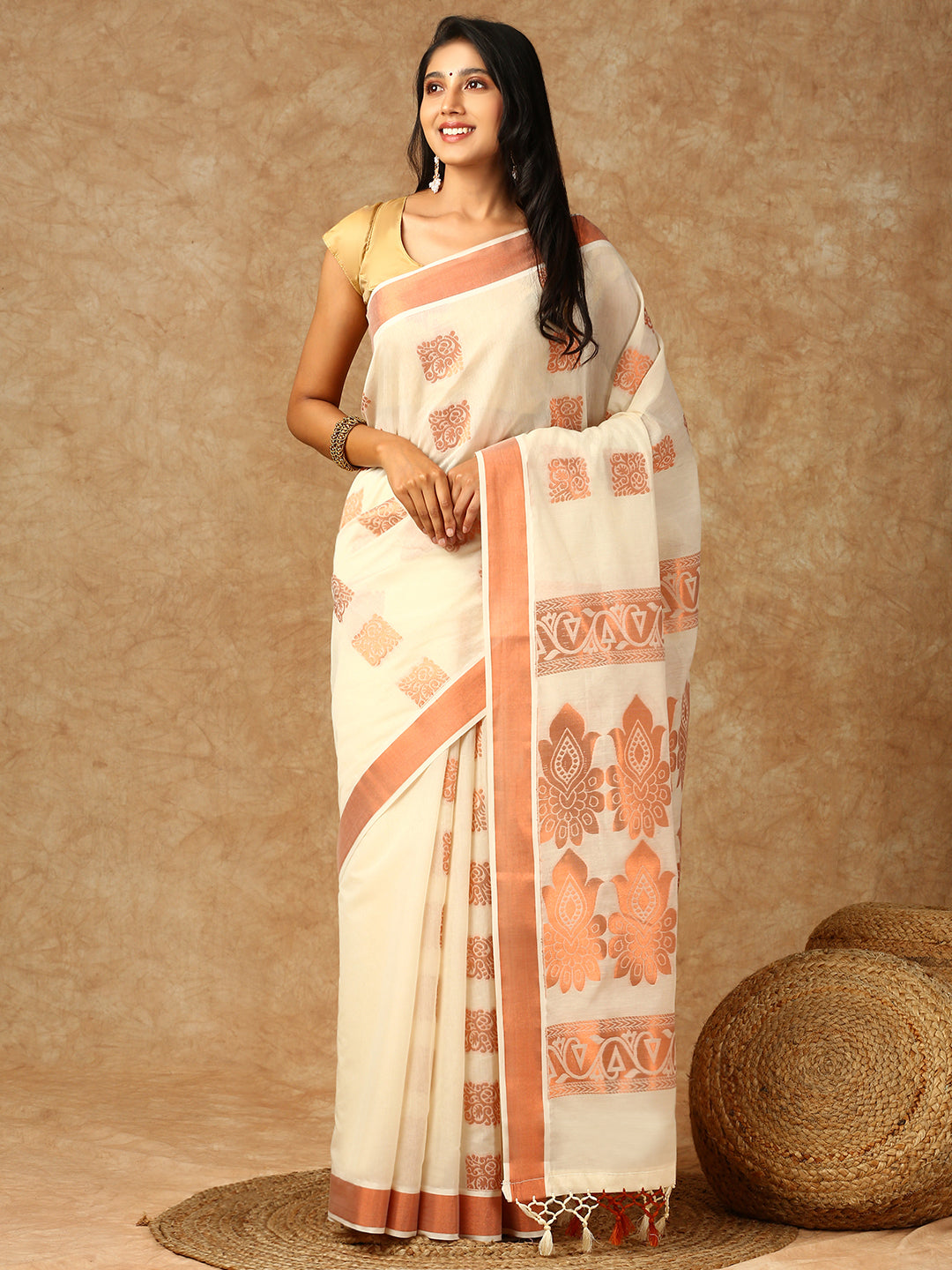 Women Kerala Cream Printed Saree KS144