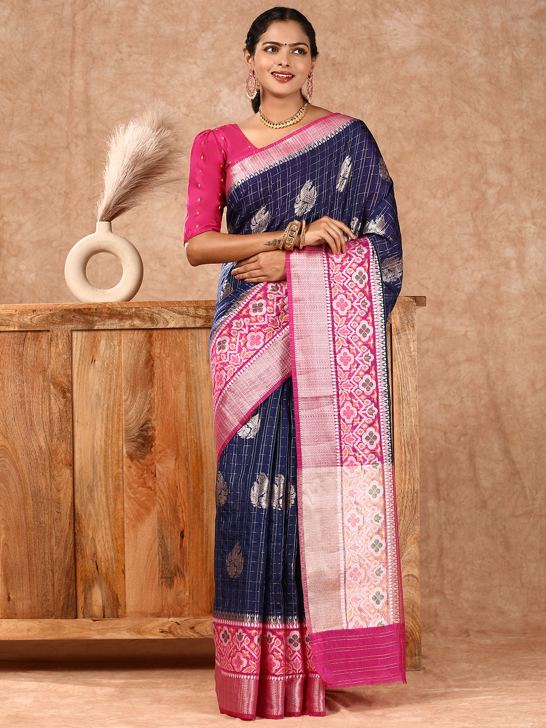 Women Semi Raw Silk Weaving Saree Blue SRS91