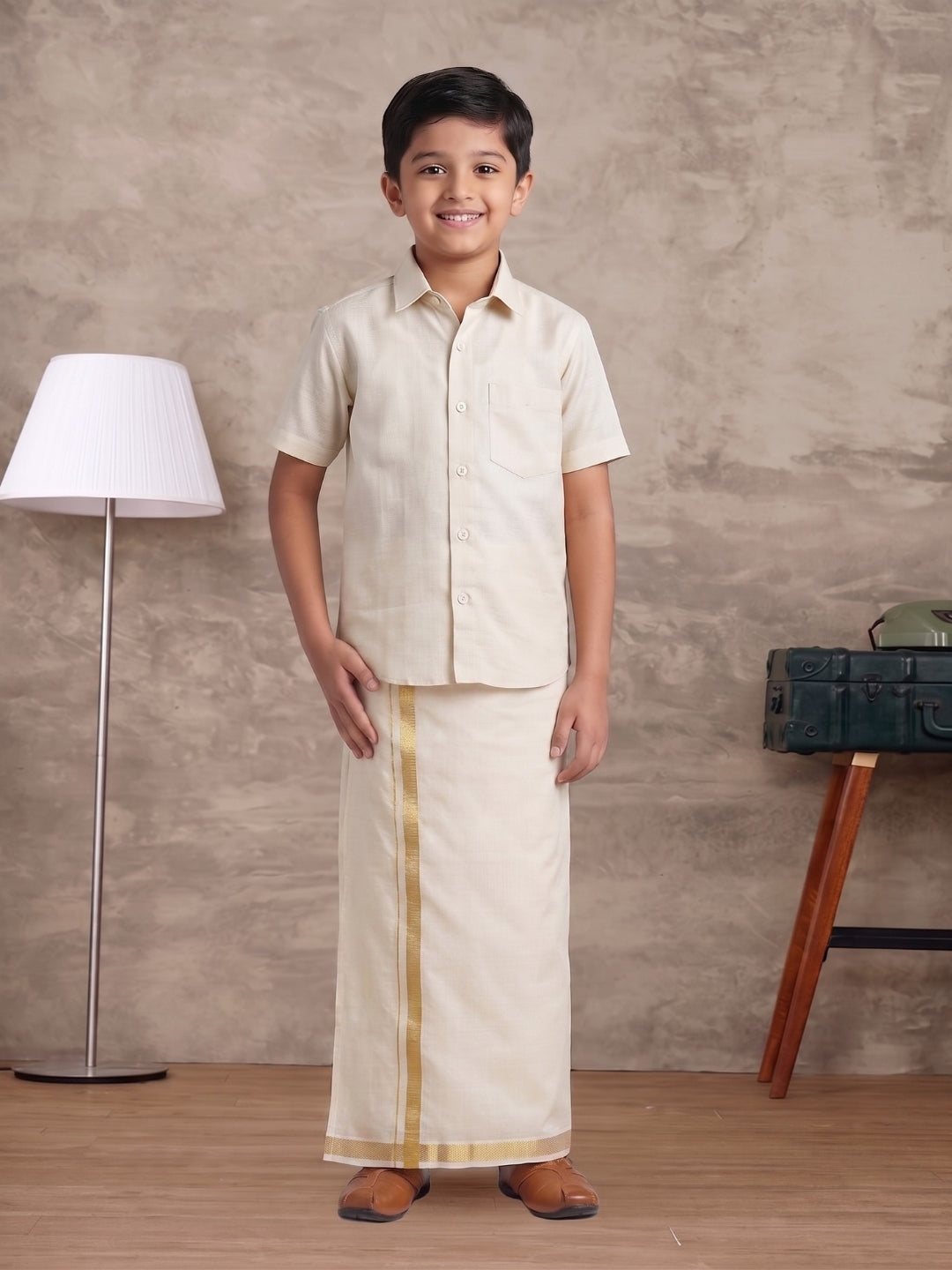 Boys Tissue Antique Gold Shirt & Dhoti Set