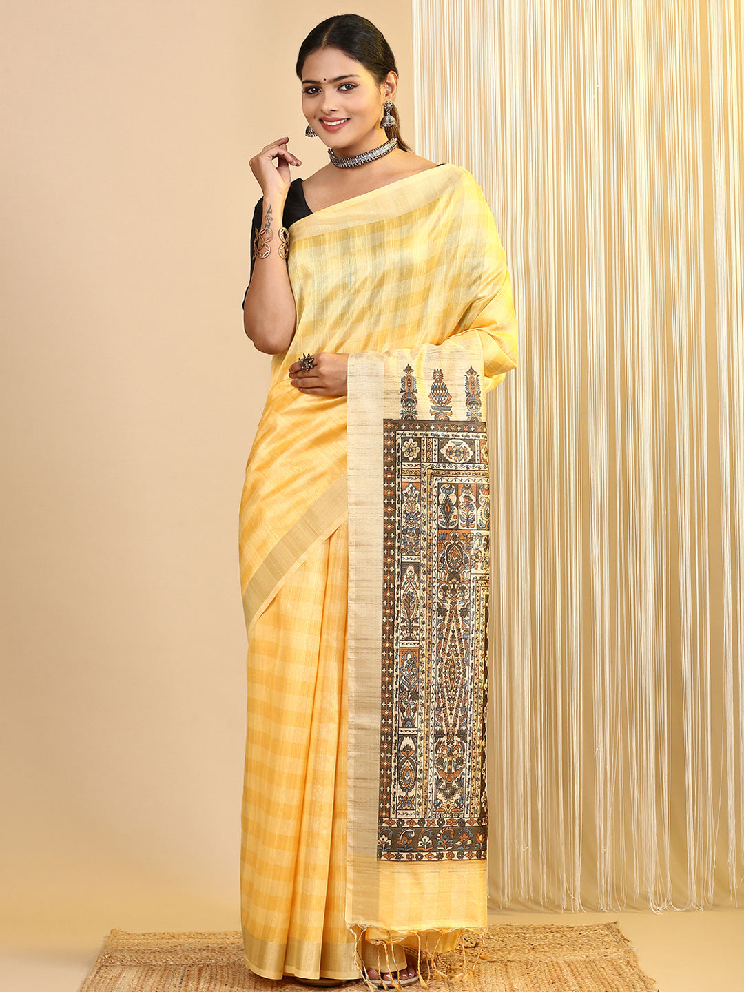 Womens Semi Tussar Printed Saree Yellow ST184