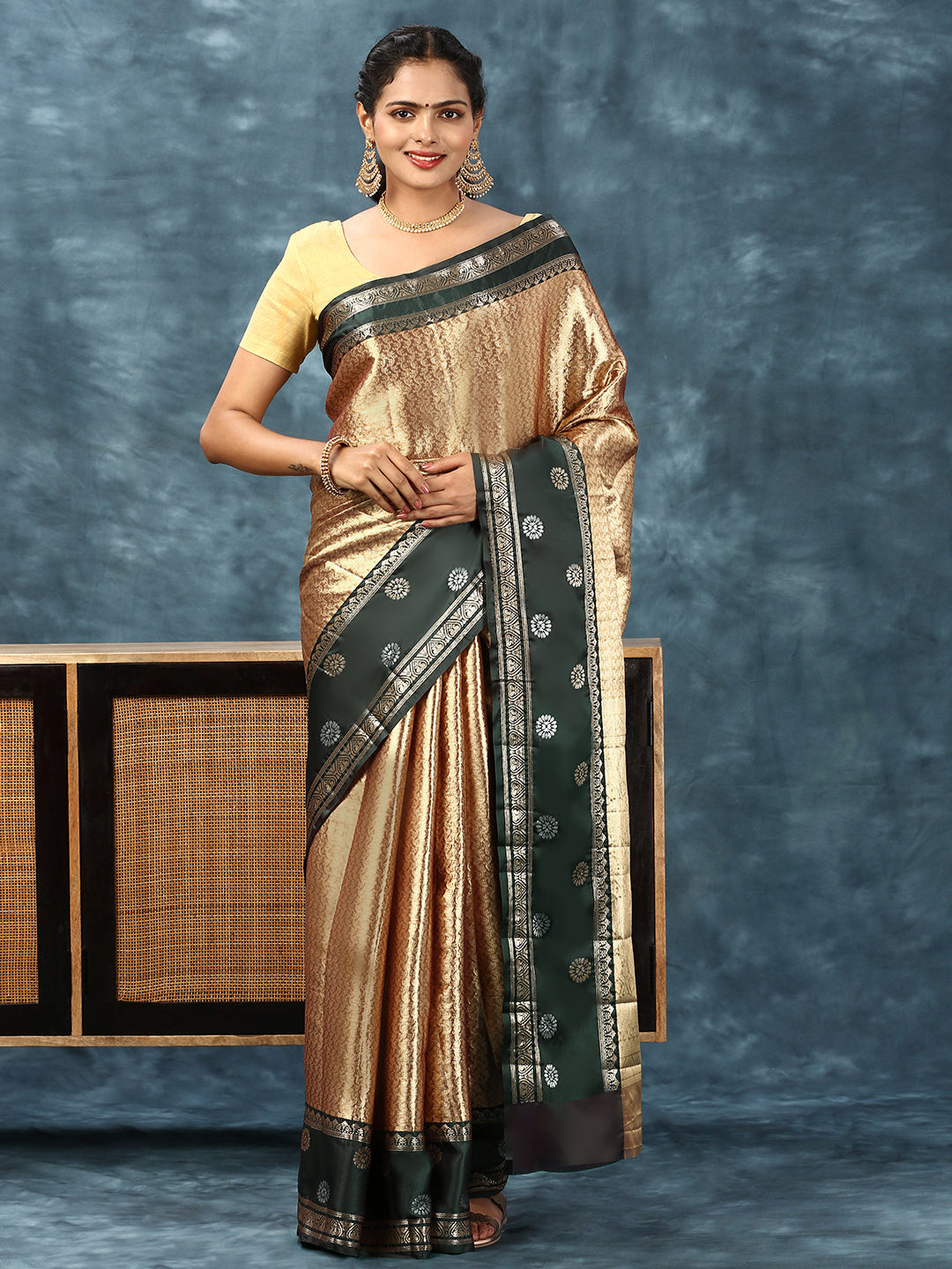 Women Semi Silk Tissue Weaving Saree Gold SS220