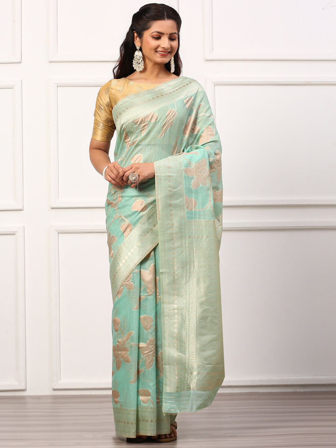 Women Semi Linen Weaving Saree Green SL133