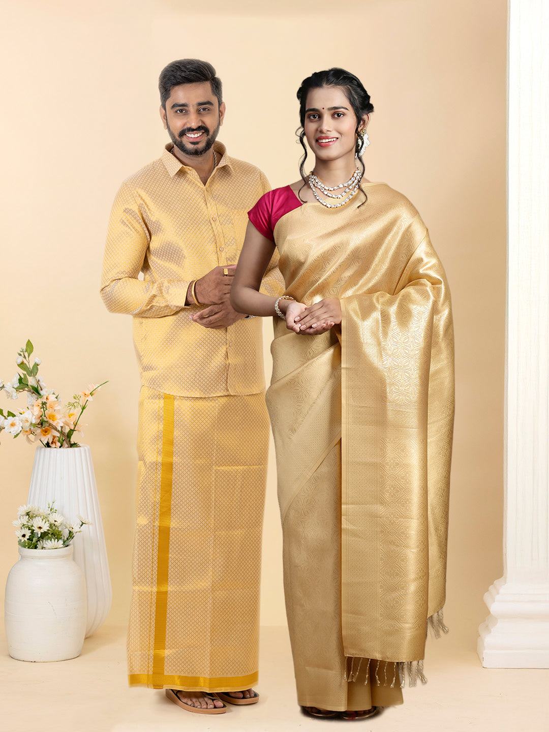 Couple Combo Shirt & Dhoti Set with Saree Gold ASS110