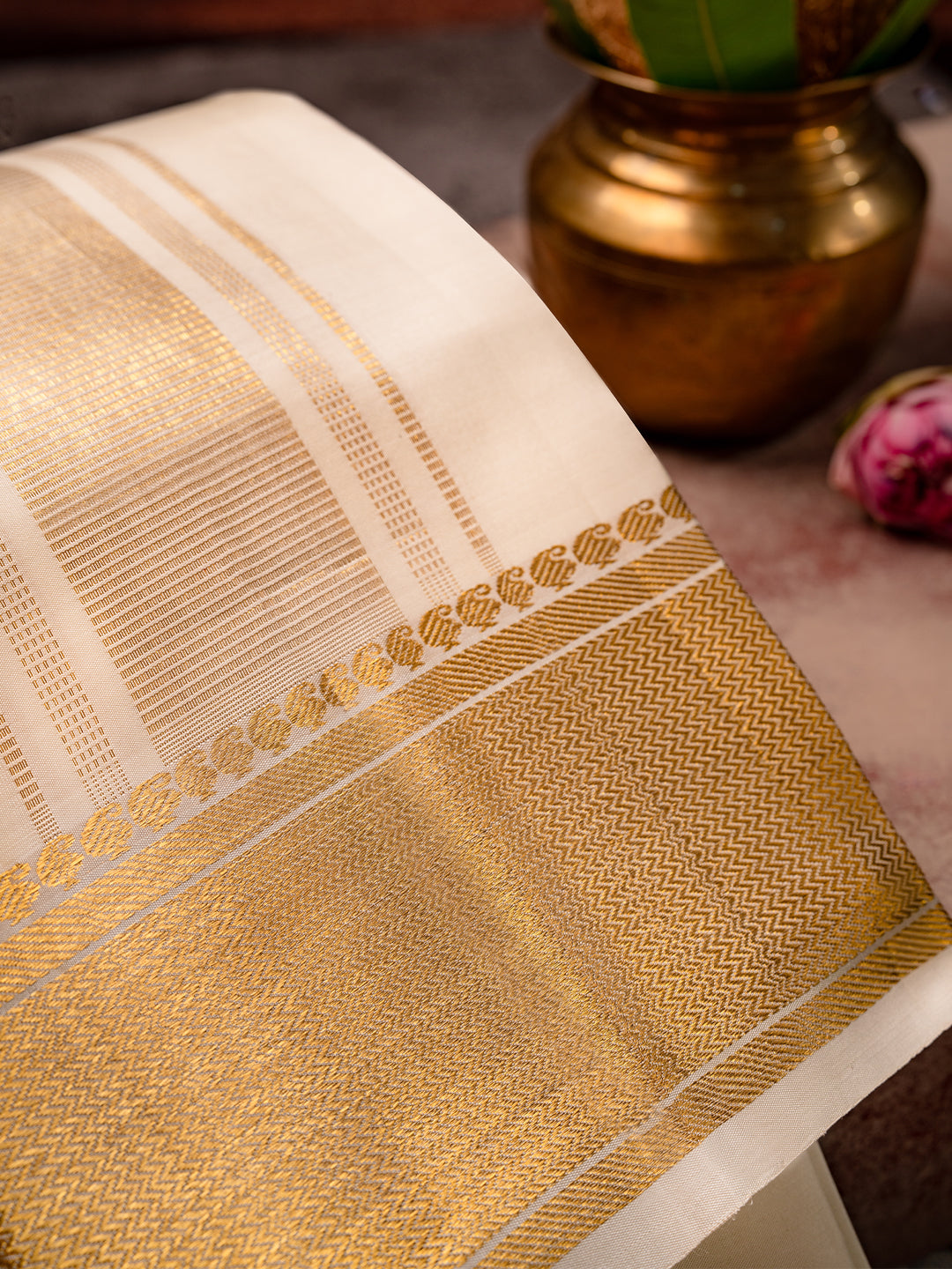 Pure Silk Cream Dhoti with 5" Gold Jari Border - Kalasam