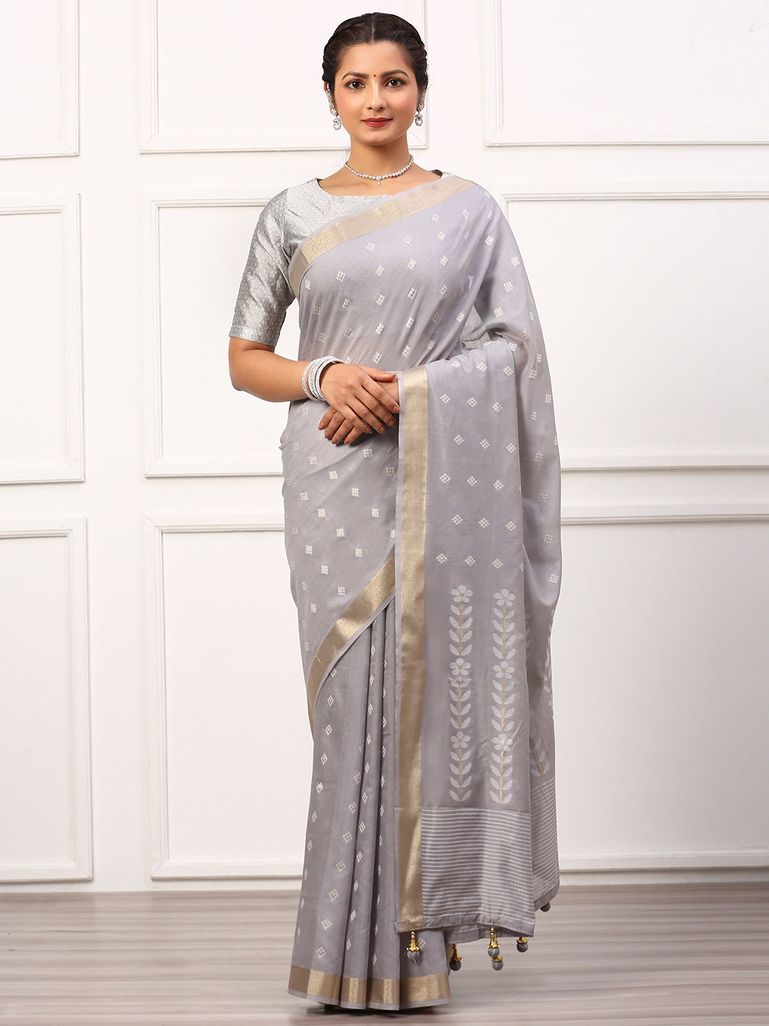 Women Semi Linen Weaving Saree Grey SL152