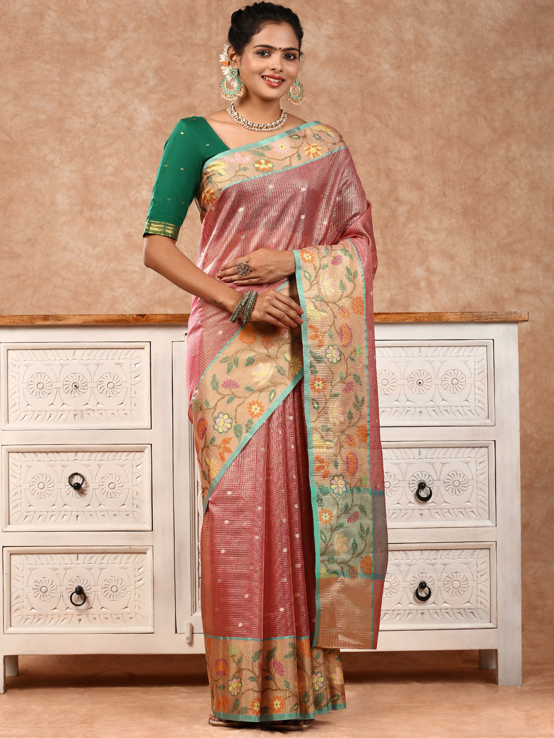 Women Semi Silk Cotton Saree Pink SSC25