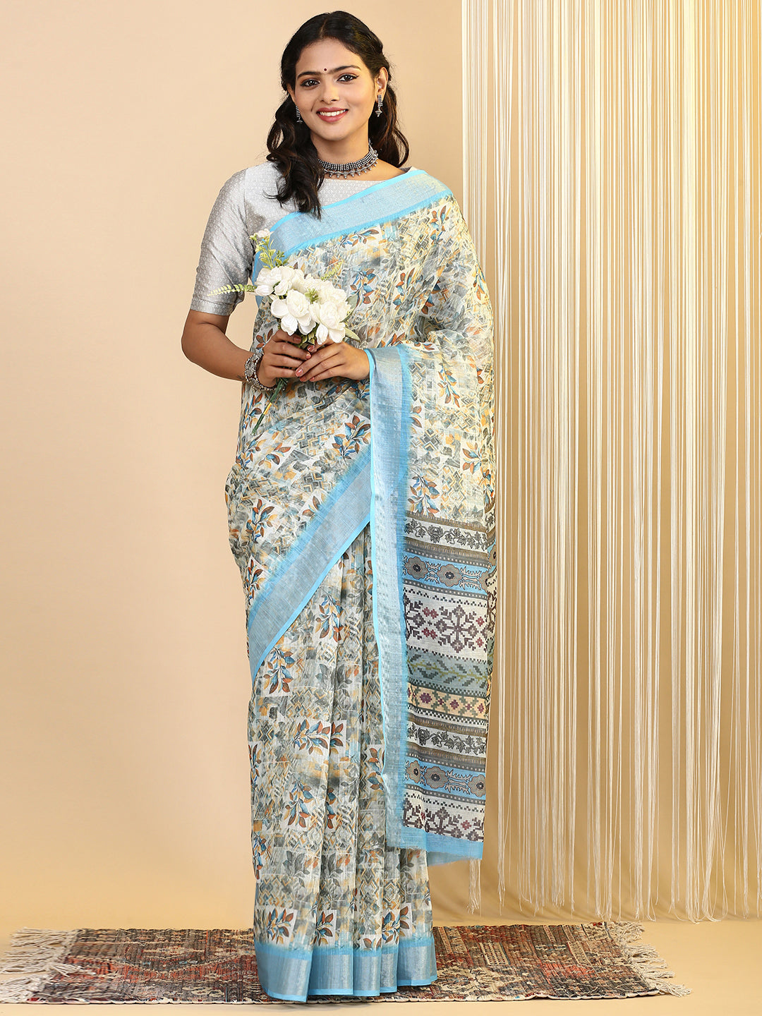 Women Semi Linen Printed Saree Blue SL157