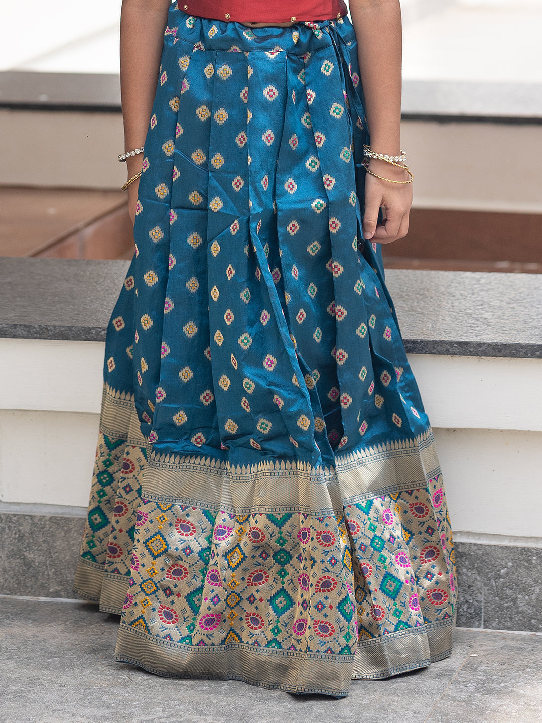 Girls Pattu Pavadai Set Red with Blue Traditional Ethnic Wear GPS34