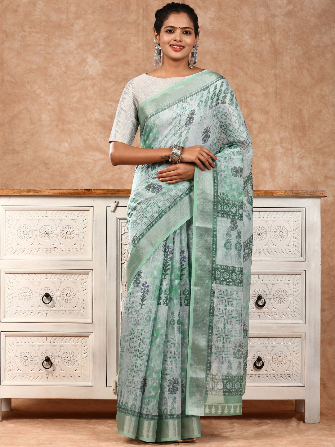 Women Semi Linen Saree Green SL125