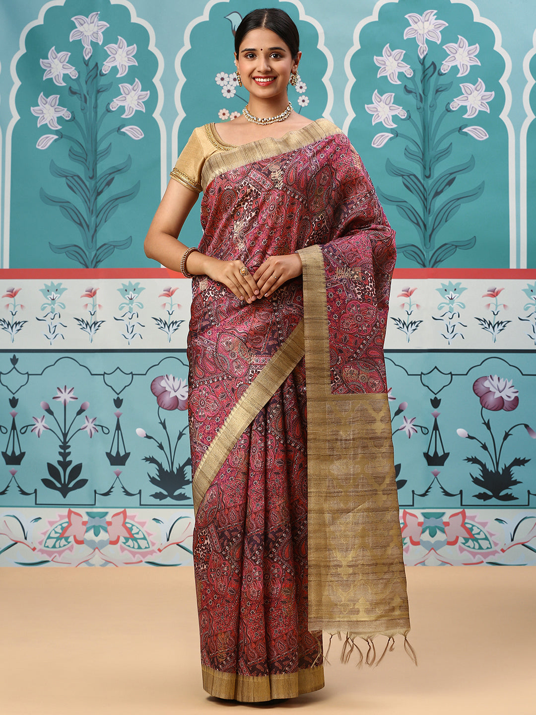 Womens Semi Tussar Weaving Saree Red ST132