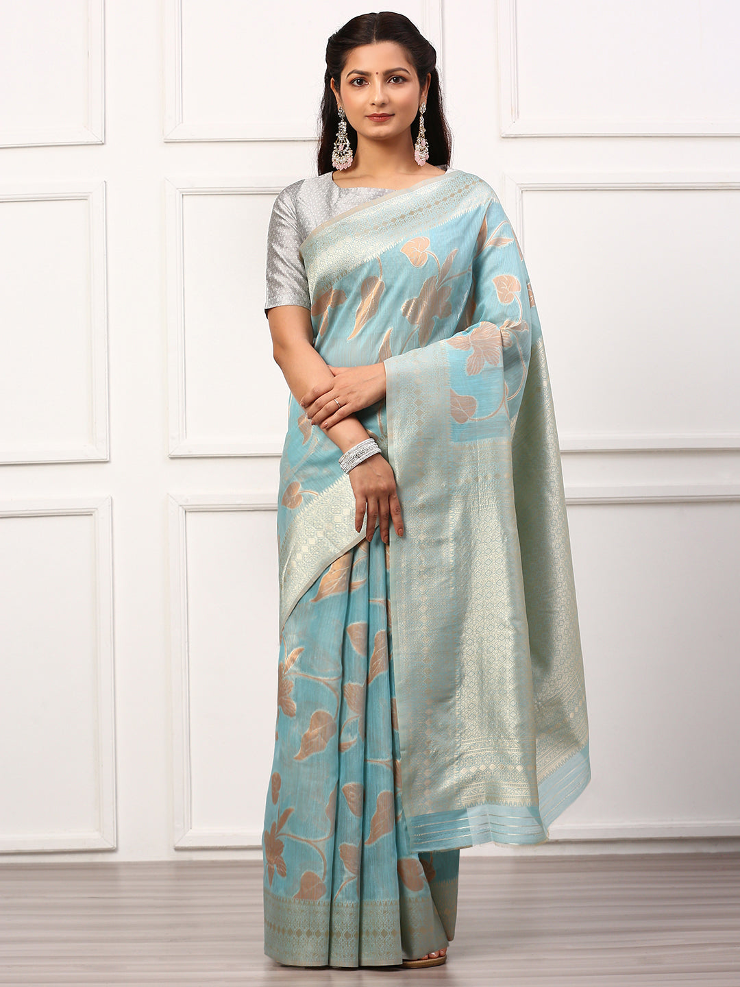 Women Semi Linen Weaving Saree Blue SL147