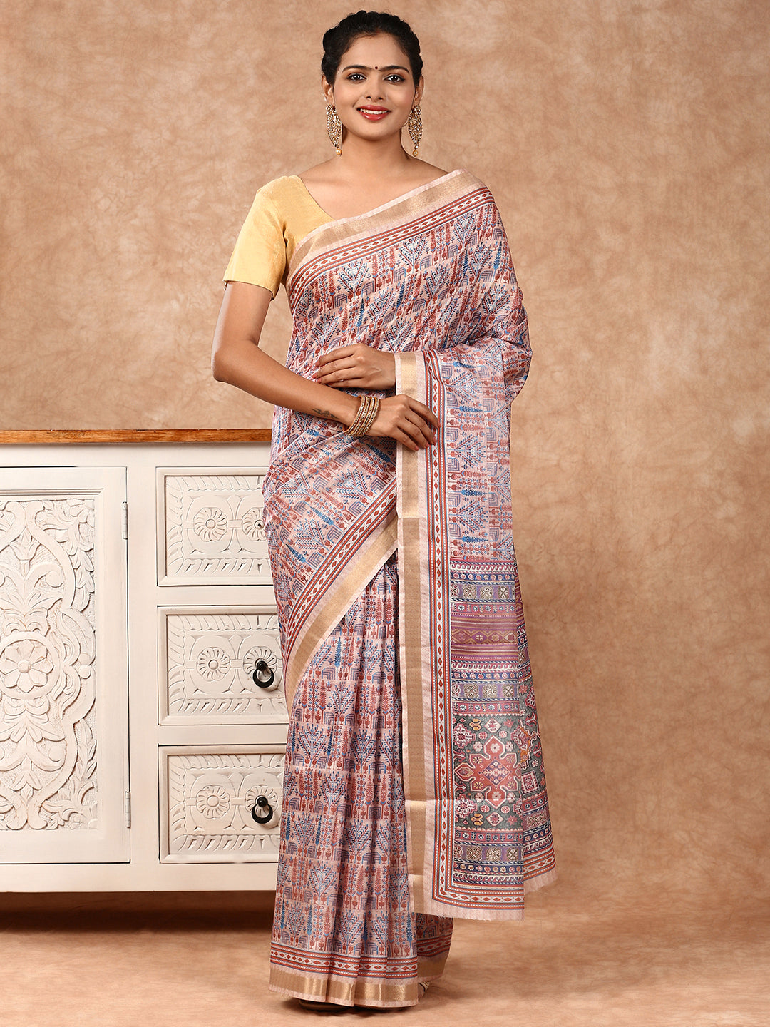 Women Semi Silk Print Saree Peach SS181