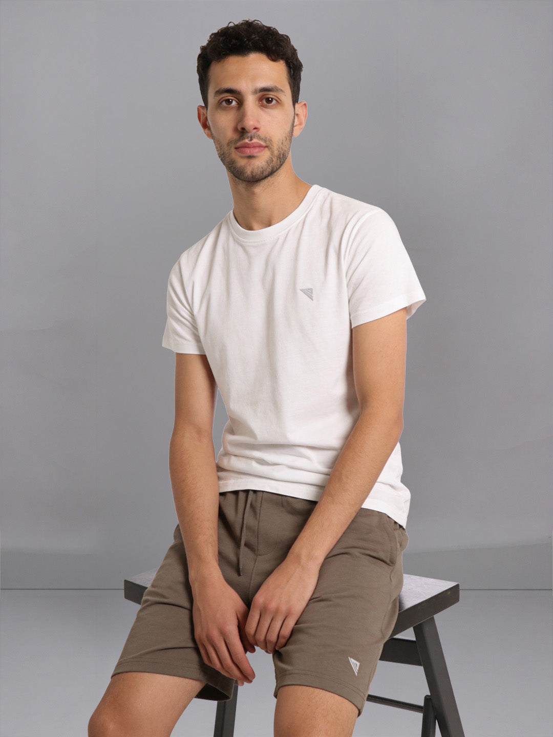 Men White Crew neck T-Shirt with Taupe Shorts Combo ES9