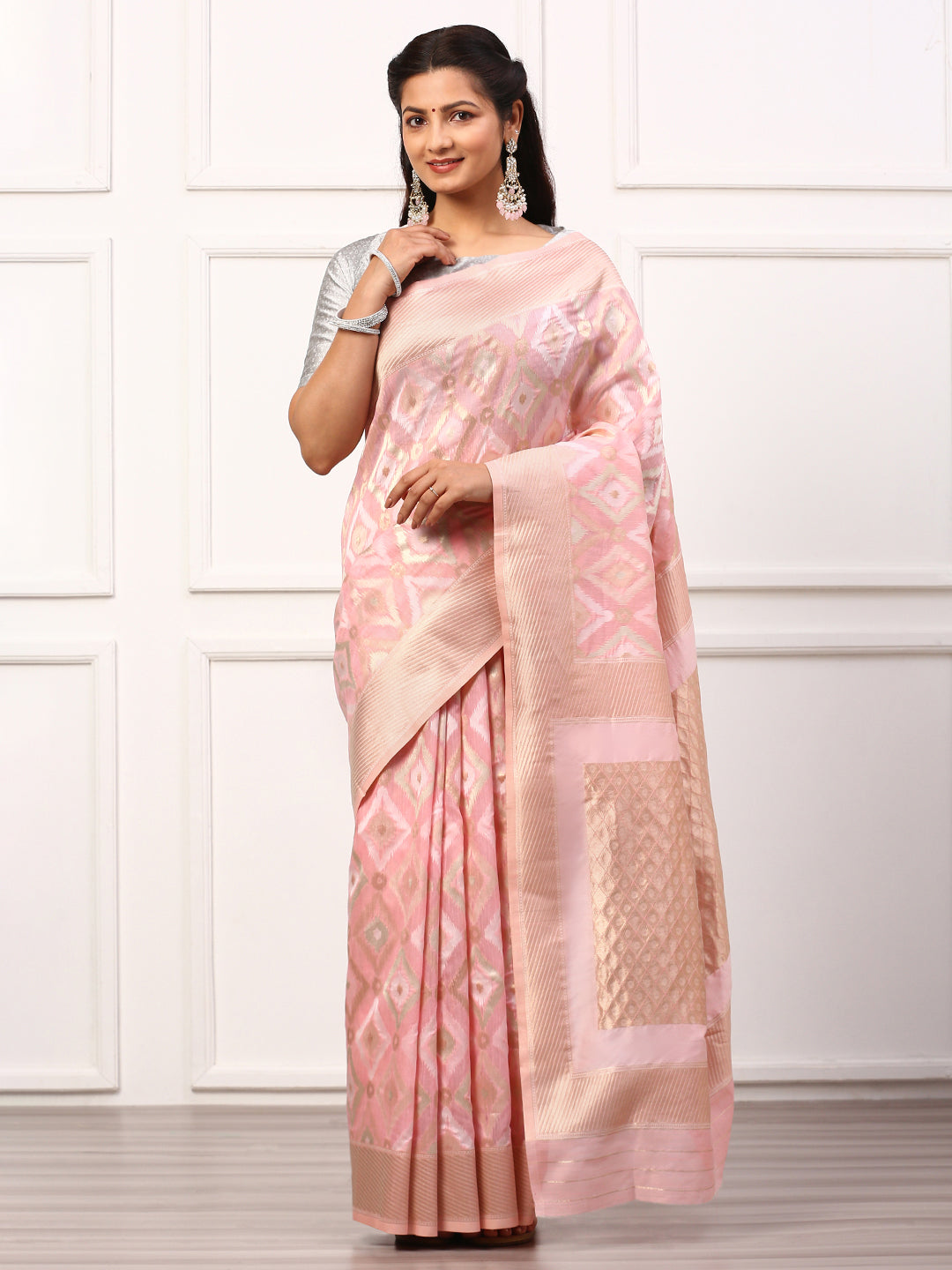 Women Semi Linen Weaving Saree Pink SL137